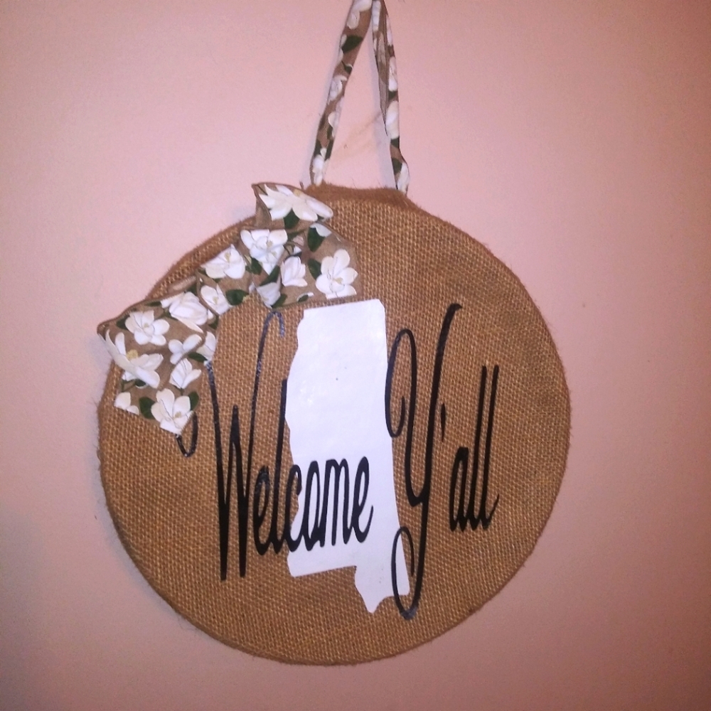 Burlap Welcome Y'all Mississippi Door Hanger Sign with Magnolia Accents